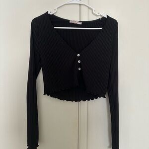 Blue Blush Black Ribbed Button-Up Long Sleeve Top